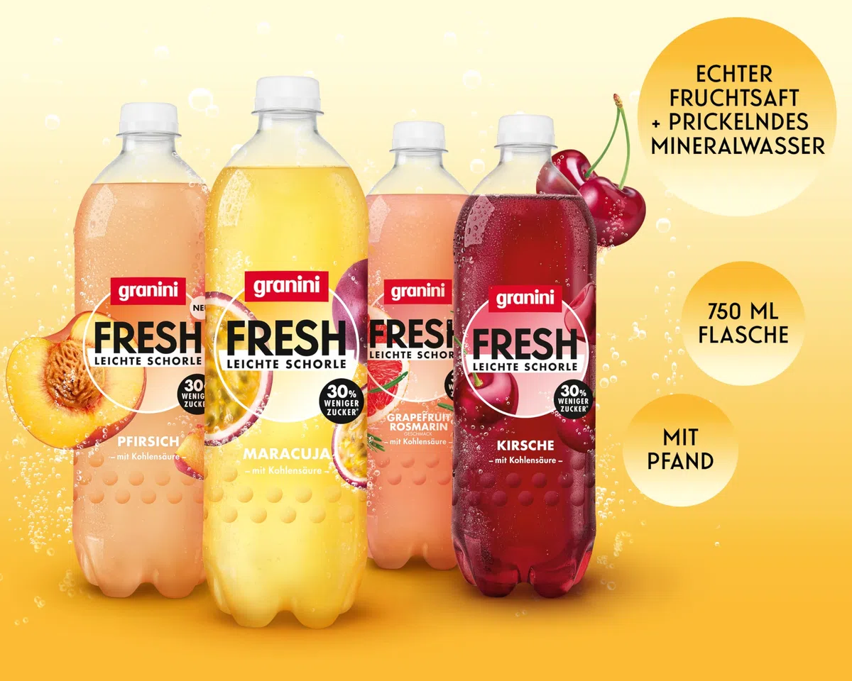 granini FRESH Pfirsich (6 x 0,75l), Pfirsich-Erfrischungsgetränk, mit Kohlensäure, echte Früchte, wenig Kalorien, ohne Süßungsmittel, vegan (Packung mit 2)