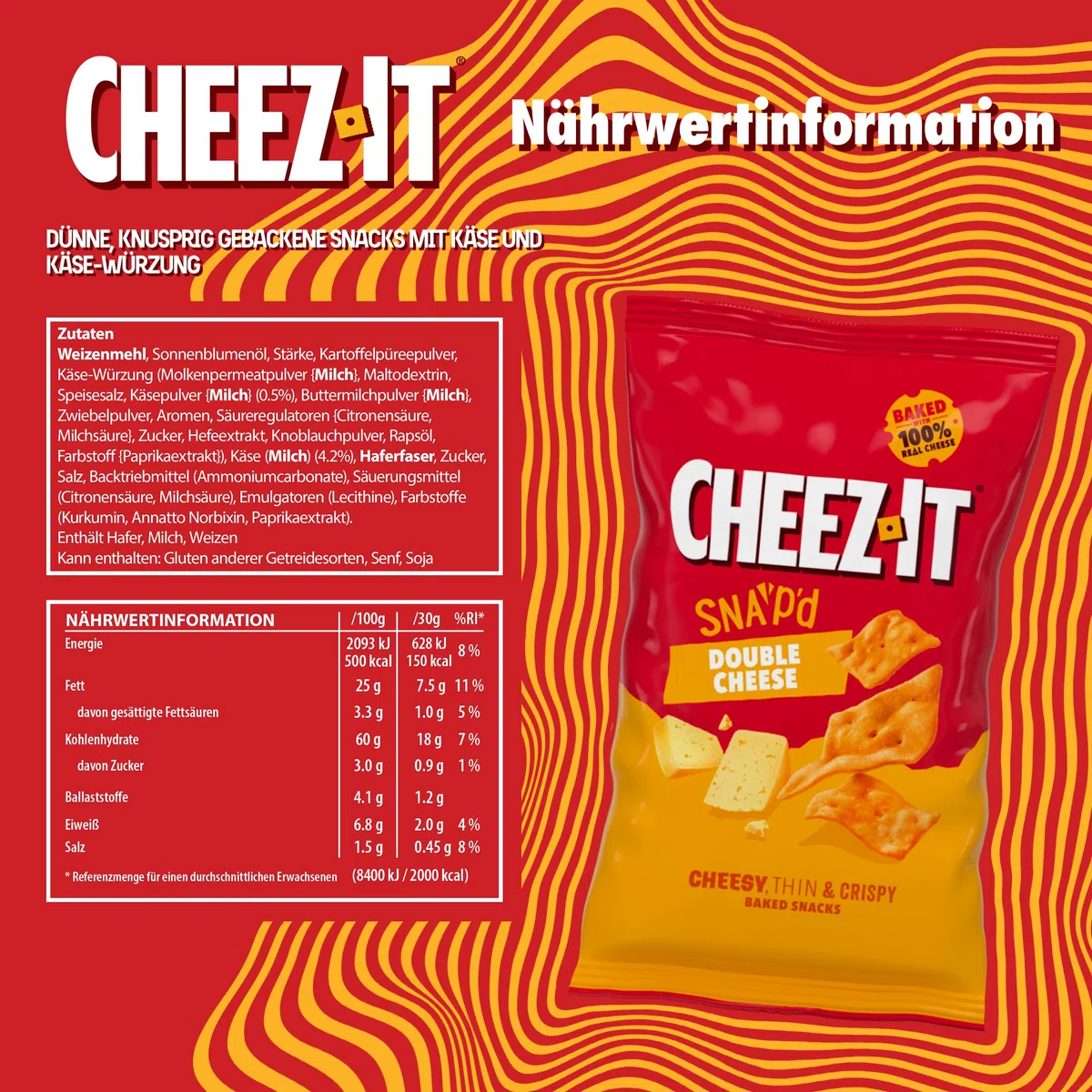 Cheez-It Snap'd Double Cheese Chips (8 x 120 g), Chips mit dünner, knuspriger Textur, gebackener Käse Snack mit 100% echtem Käse, ohne künstliche Farb- oder Aromastoffe