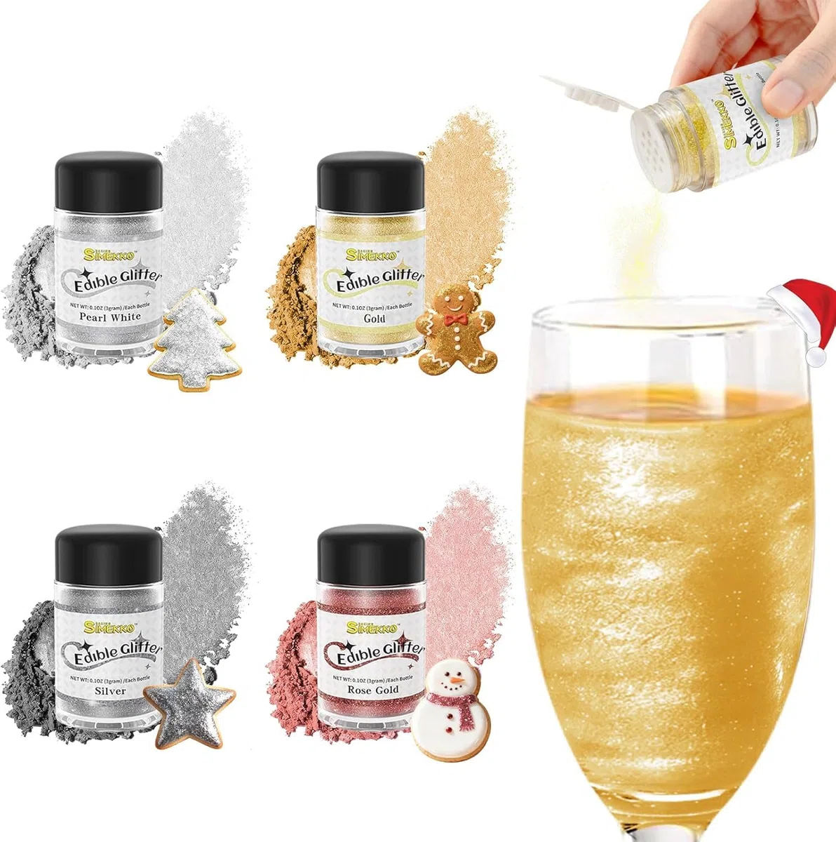 Essbare Glitzer Set, Essbare Glitzer für Getränke & Torten, Lebensmittelechter Glitzerstaub in 4 Farben, Vegan & Zuckerfrei (3g pro Flasche) – Für Cocktails, Desserts, Erdbeeren & Fondant