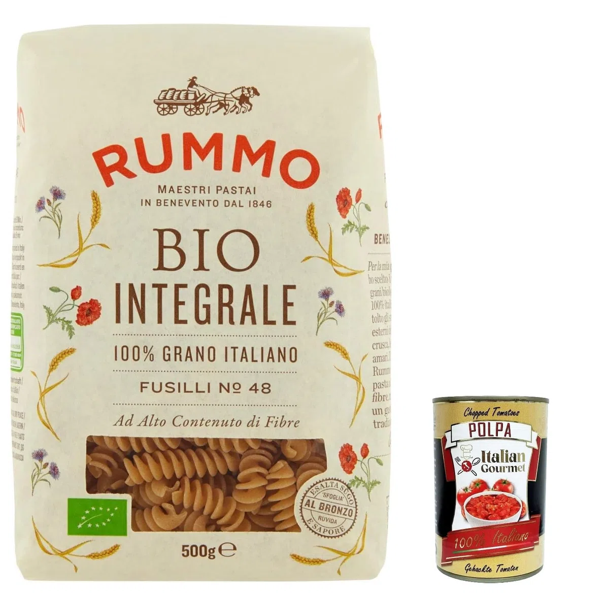 5x Rummo Pasta Integrale Fusilli N. 48, Vollkornnudeln Nudeln Vollkorn Italienische Pasta 500g + Italian Gourmet polpa 400g