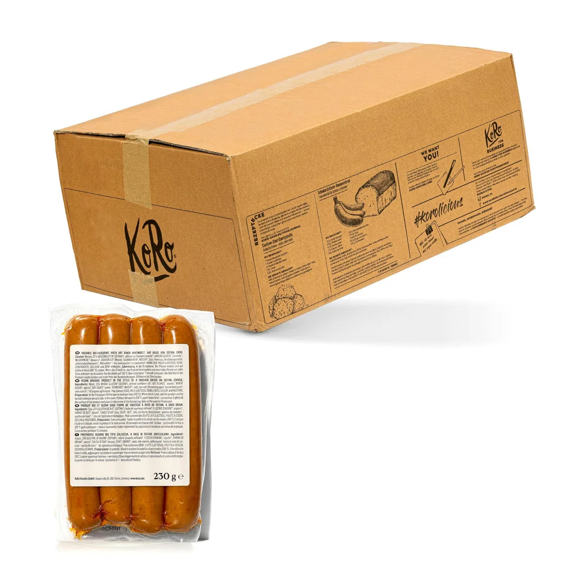 KoRo - Grobe vegane Bio Bratwurst 12 x 230 g - Zum Grillen geeignet - Vegan - Bio