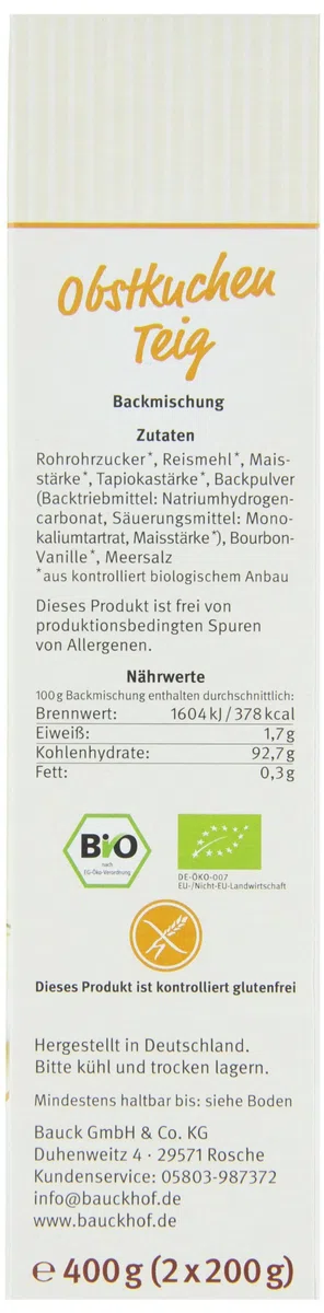 Bauckhof Obstkuchenteig, glutenfrei, 2-er Pack (2 x 400 g) - Bio