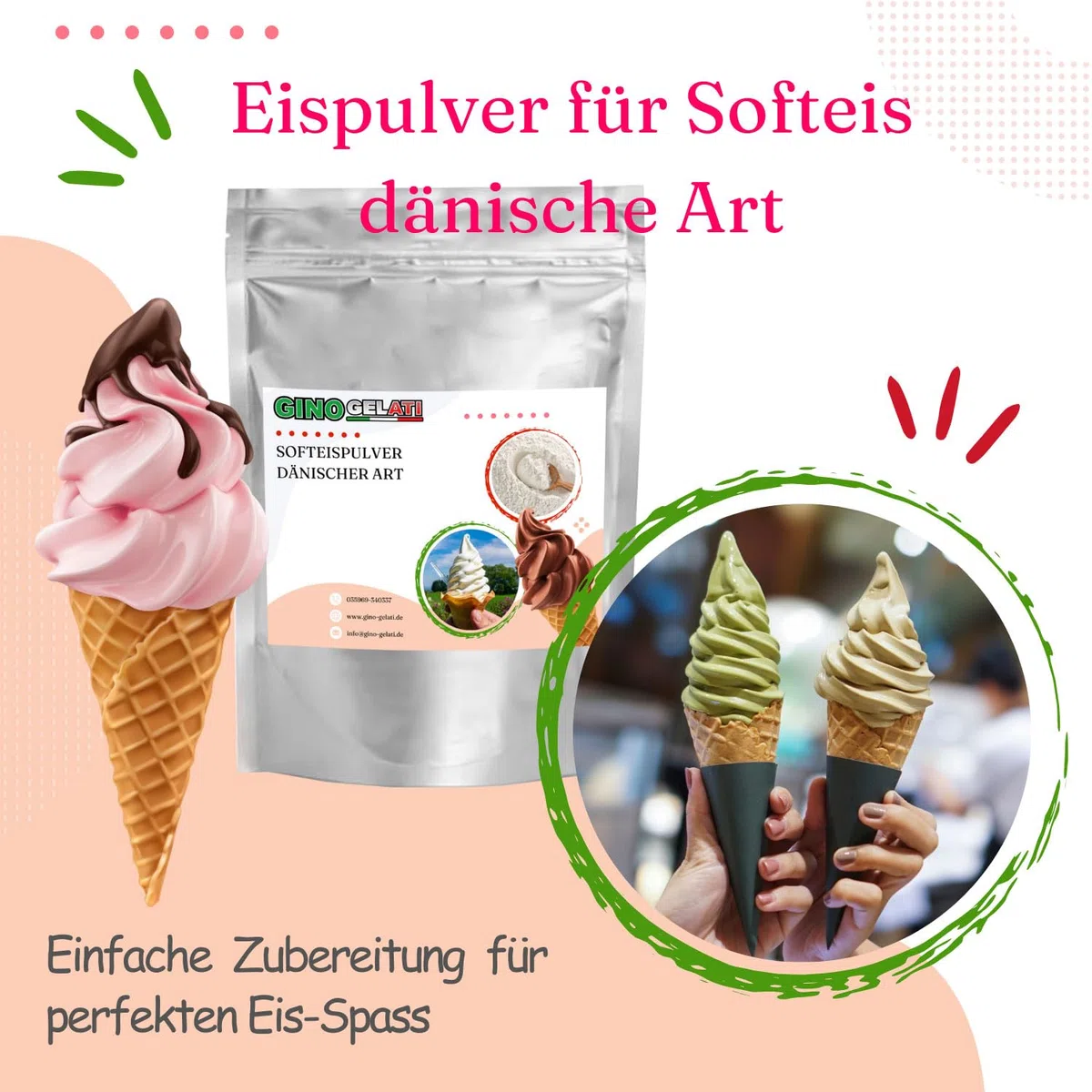 Gino Gelati Schoko Dänisches Softeis Pulver, verschieden Variante, Made in Germany, schnelle und einfache Zubereitung, Herstellung mit oder ohne Eismaschine möglich (333 g, Schoko)