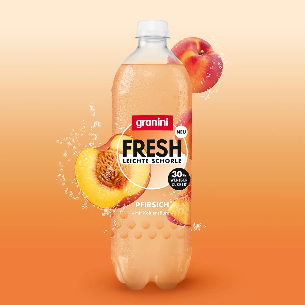 granini FRESH Pfirsich (6 x 0,75l), Pfirsich-Erfrischungsgetränk, mit Kohlensäure, echte Früchte, wenig Kalorien, ohne Süßungsmittel, vegan (Packung mit 2)