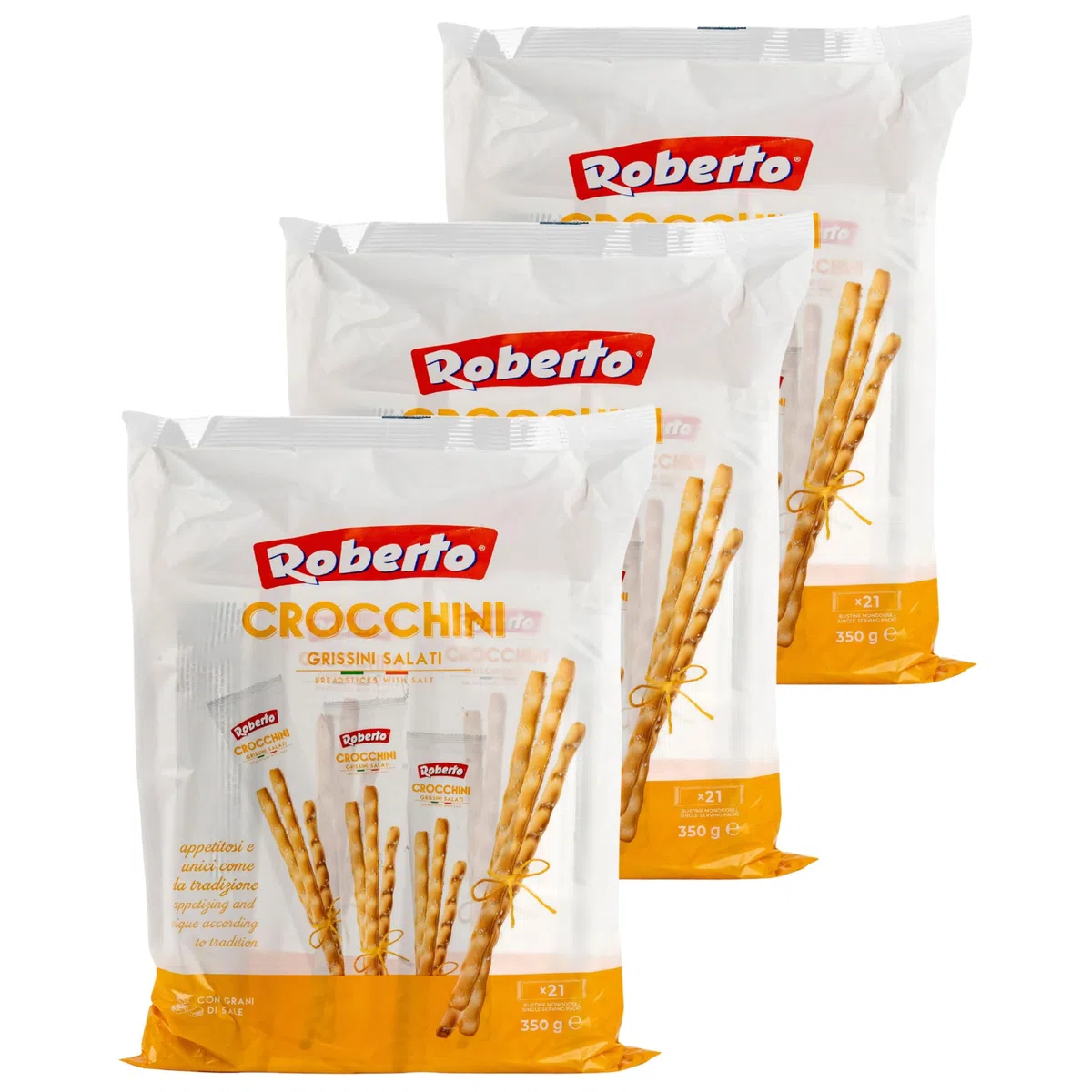 Roberto - 3er Set Crocchini Grissini Salati – Knusprige italienische Brotsticks mit Salz 350 g Packung á 21 Sticks - Brot Stangen italienisch als Snack, zur Vorspeise oder zu Antipasti und für Dips