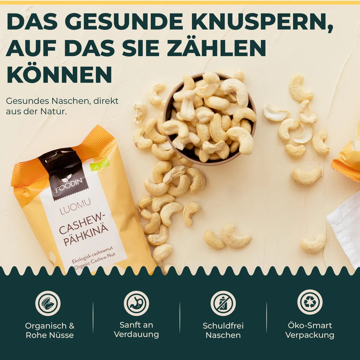 FOODIN Cashewnüsse Bio, 2x500g ganze Cashewnüsse, gute Quelle für Eiweiß & ungesättigte Fette, 100% aus biologischem Anbau, glutenfreier und veganer Snack, (2x500g)