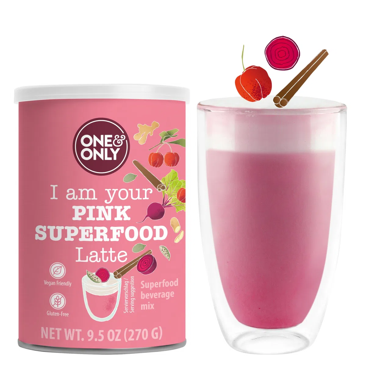One&Only Powder Pink Superfood Latte 270 g - Veganes Getränkepulver mit roter Bete, natürlichem Zimtaroma und Gewürzen zur Herstellung eines köstlichen Latte-Getränks