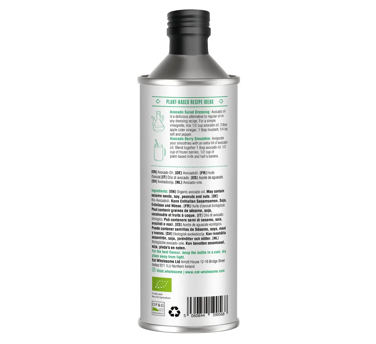 Eat Wholesome Bio-Avocado-Öl, 500ml - Kaltgepresst, Unraffiniert, Hohe Quelle An Omega 9, 100% Rein & Natürlich, Reich An Einfach Ungesättigten Fetten, Hoher Rauchpunkt, Vegan