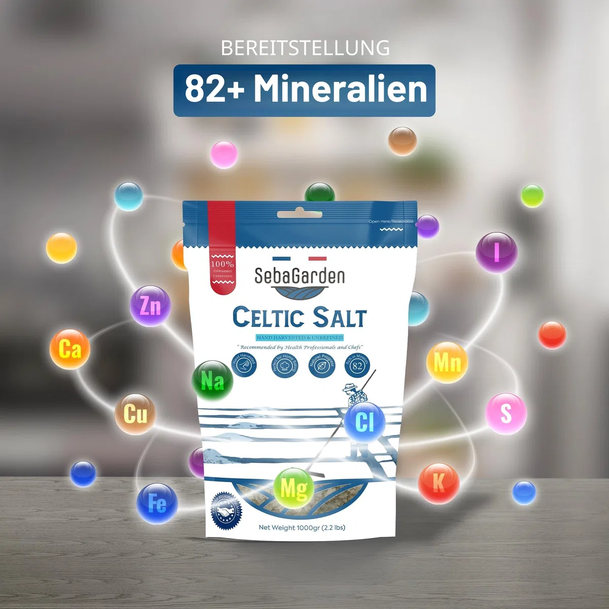 Seba Garden Keltisches Meersalz grau, 1 kg zertifizierter organischer wiederverschließbarer Beutel mit grauem Meersalz, handgeerntet, enthält über 82 essentielle Mineralien (1 kg, Original)