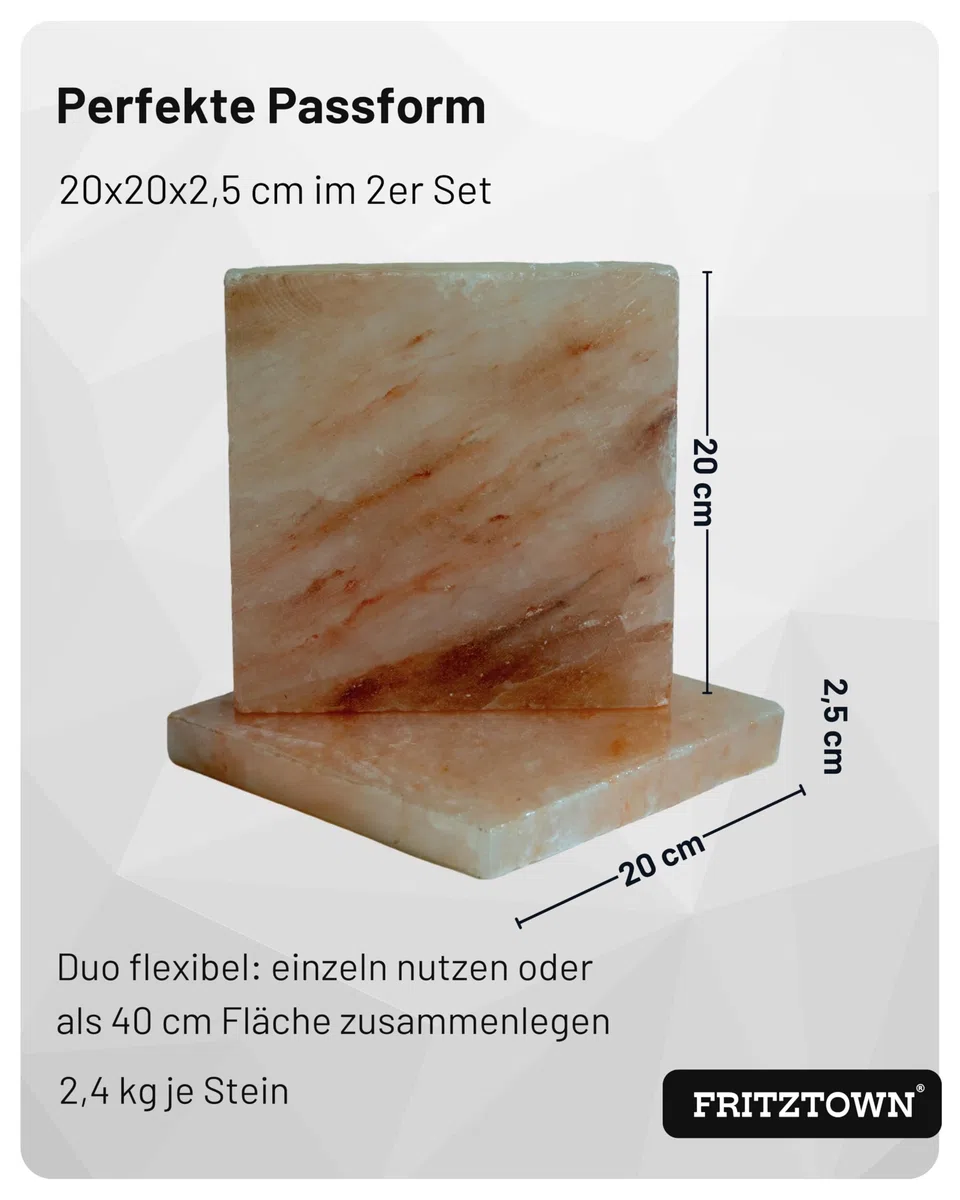 Deluxe Grill Salzstein - 2er Set 20x20x2,5 cm - Feiner Geschmack durch Kristallsalz - Exklusive Geschenkbox inkl. Gebrauchsanweisung