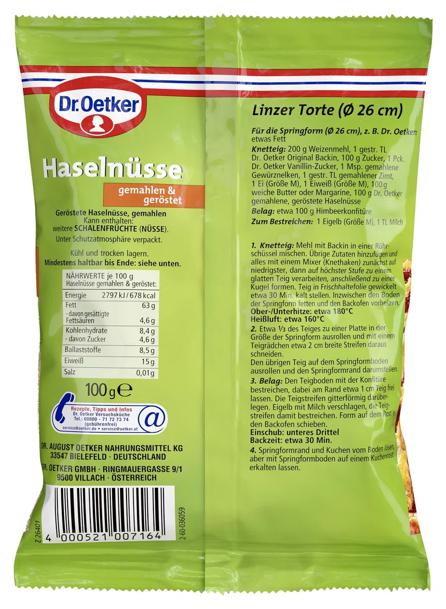 Dr. Oetker Haselnüsse gemahlen, 5 x 100 g Beutel, geröstete und gemahlene Haselnuss, Nüsse zum Backen von Kuchen, Torten & Desserts, verzehrfertig, vegan