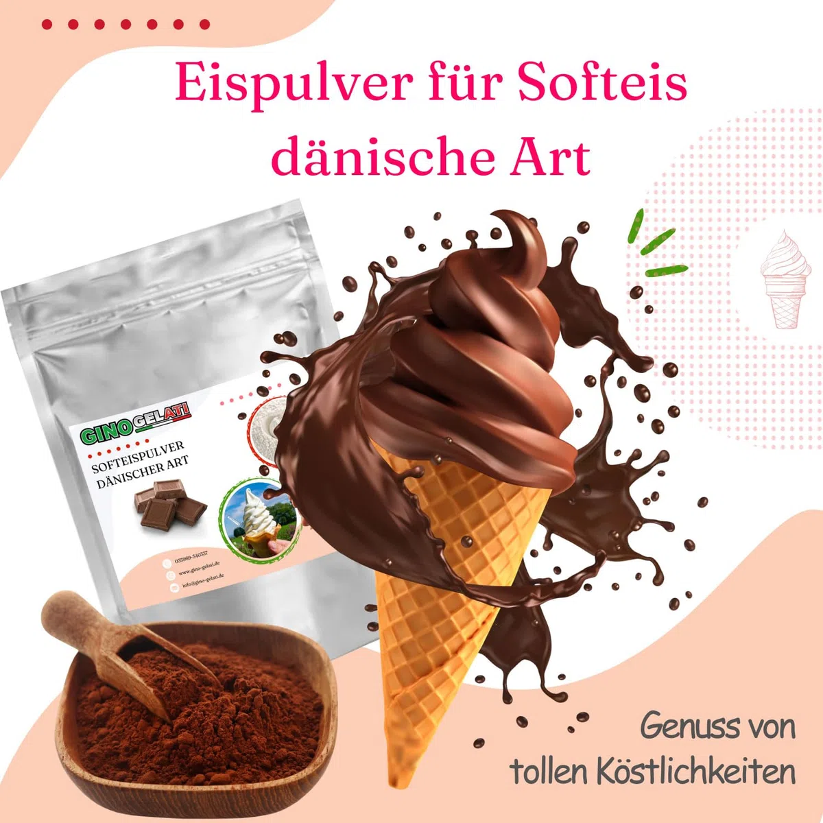 Gino Gelati Schoko Dänisches Softeis Pulver, verschieden Variante, Made in Germany, schnelle und einfache Zubereitung, Herstellung mit oder ohne Eismaschine möglich (333 g, Schoko)