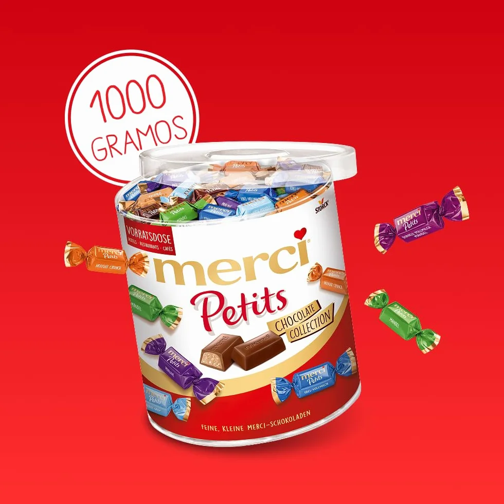 merci Petits Chocolate Collection in der Runddose – Feine Pralinen in 7 köstlichen Sorten - kleines Dankeschön für jedermann – (1 x 1kggeschenkdose)