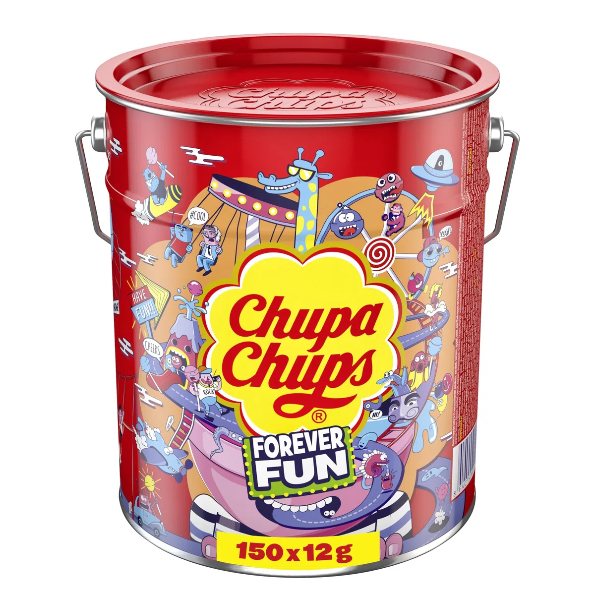 Chupa Chups Best of Lollipop-Eimer, enthält 150 Lutscher in 5 Geschmacksrichtungen in der Pop-Art Metall-Dose, geeignet für Geburtstag und Weihnachten, 150 x 12g
