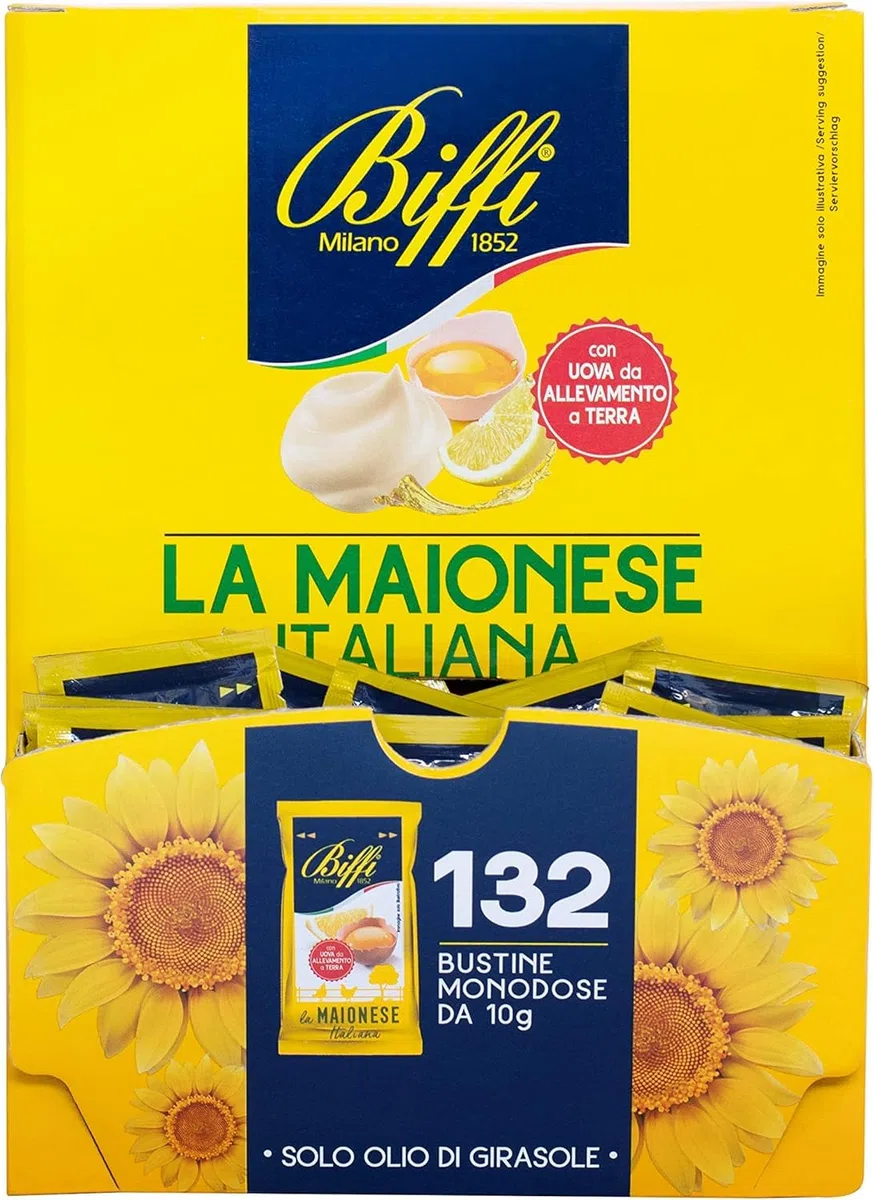 Biffi La Maionese Italiana, 132 Portionsbeutel, 10g pro Beutel, 6er-Pack, Sonnenblumenöl-Mayonnaise, + keyring italy shop service