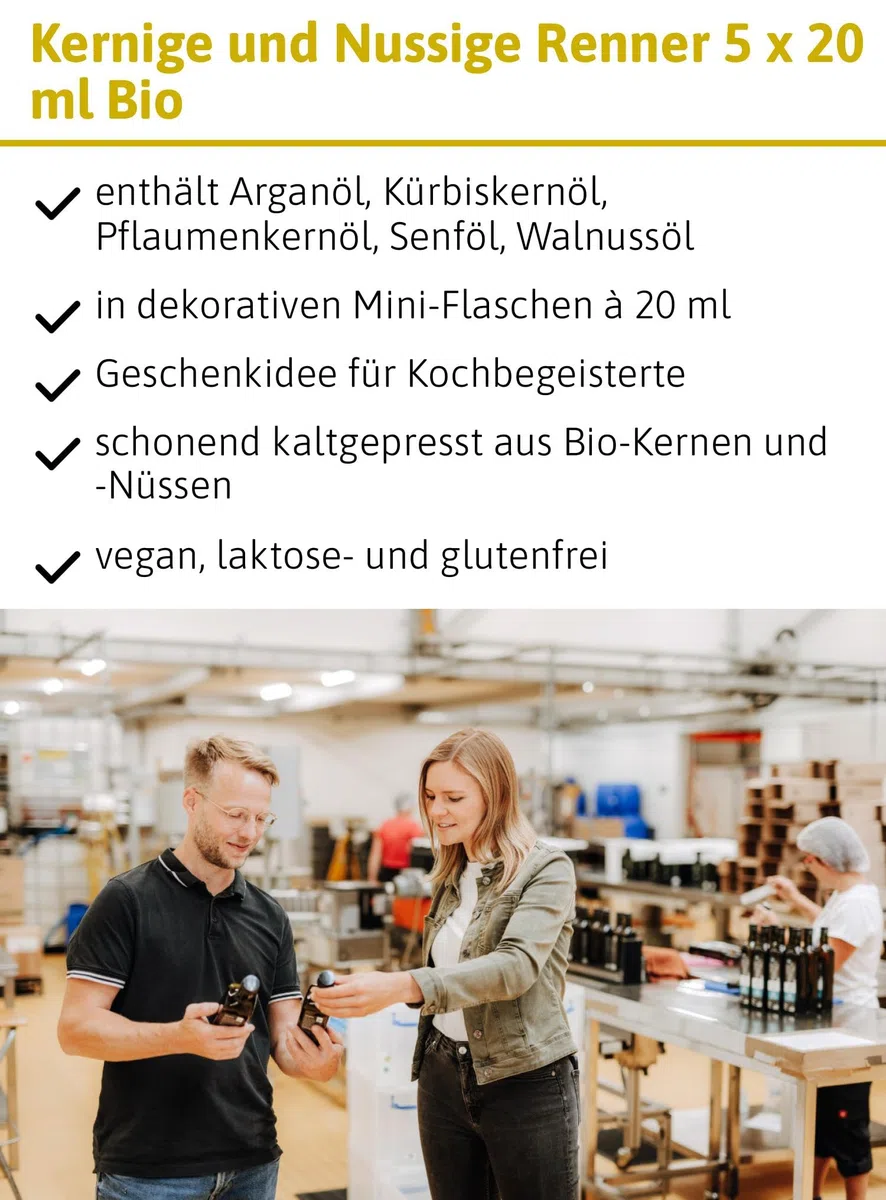 Ölmühle Solling Geschenkset NO. 2 kernige und nussige Öle, BIO - Arganöl geröstet, Kürbiskernöl geröstet, Pflaumenkernöl, Senföl, Walnussöl