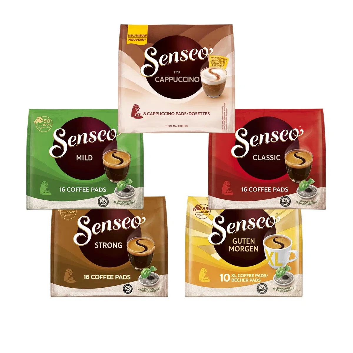 Senseo Pads Probierbox 5 Sorten, Vielfaltspaket, 5 x 16 Getränke, 66 Kaffeepads