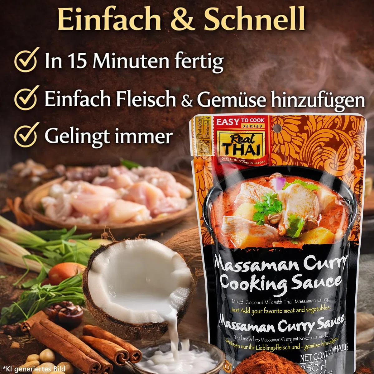 Real Thai Massaman Curry Sauce 250ml – 5er Pack – Authentische Thailändische Currysauce mit Kokosnussmilch – Fertigsauce ohne Zusatzstoffe – Original Thai Curry, Würzsauce für Asiatische Gerichte | Authentische Thailändische Currysauce mit Kokosnussmilch