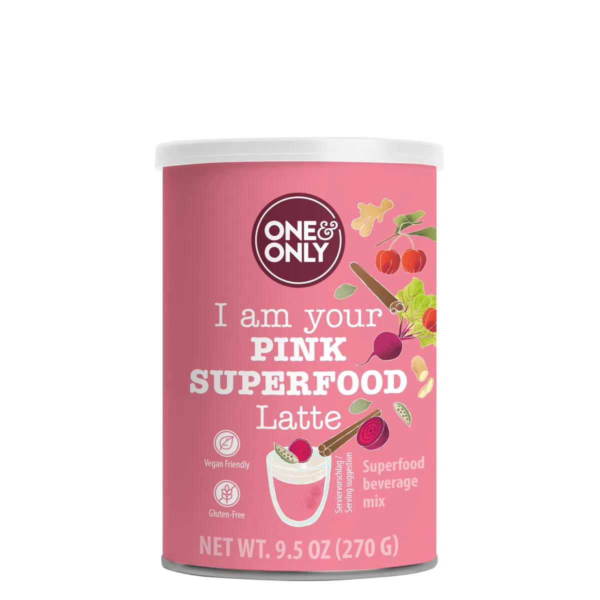 One&Only Powder Pink Superfood Latte 270 g - Veganes Getränkepulver mit roter Bete, natürlichem Zimtaroma und Gewürzen zur Herstellung eines köstlichen Latte-Getränks