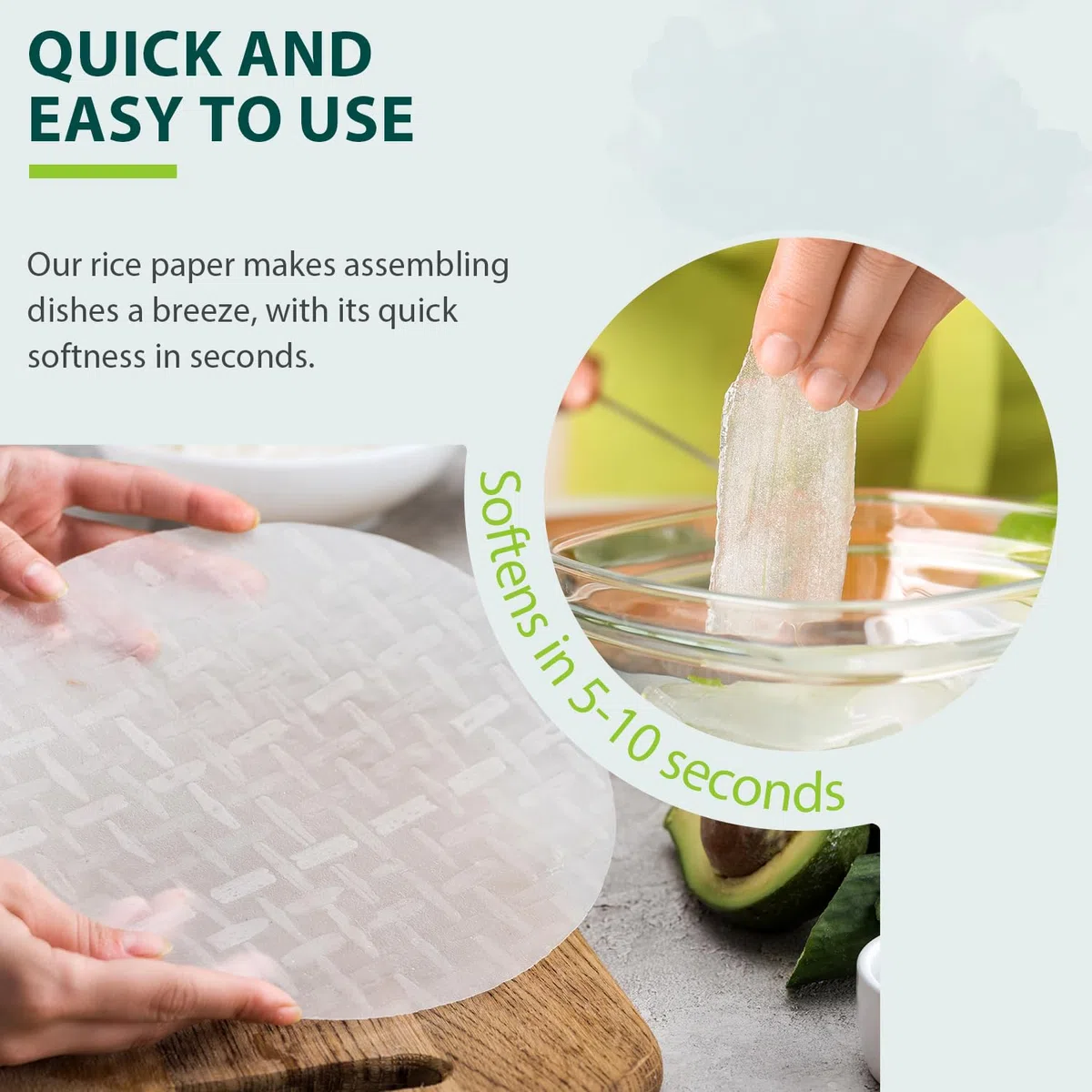 Soeos Reispapier, White Rice Paper Wrappers, 1 Pack, 34 Sheets-Fresh Spring Roll Wrapper & Knödel, Non-GMO, Gluten-Free, Low Carb, Vietnamesische Reis-Wraps (Runde, 22cm)