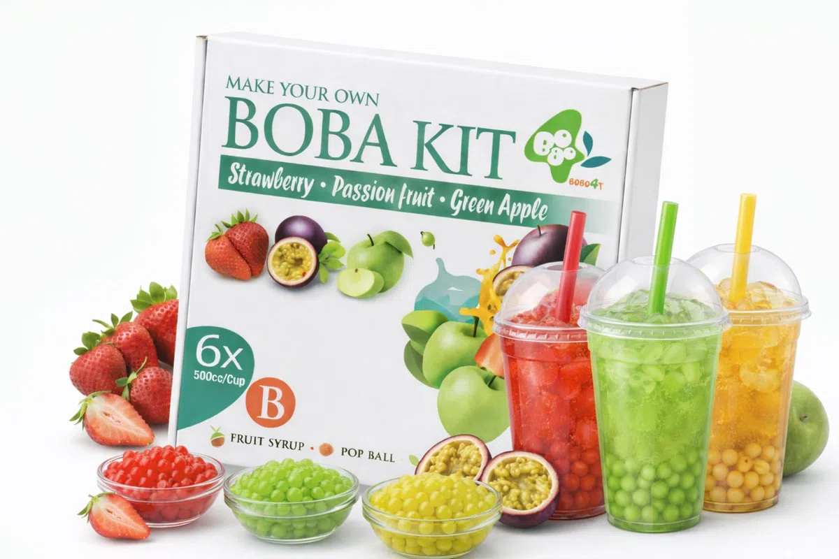Bobo4T Bubble Tea SET B – Erdbeer-, Grüner Apfel- & Passionsfrucht Bobas + Fruchtsirup | Komplett Set für 6 Drinks | Einzeln verpackt für maximale Frische | Jasmin Grüner Tee Pulver