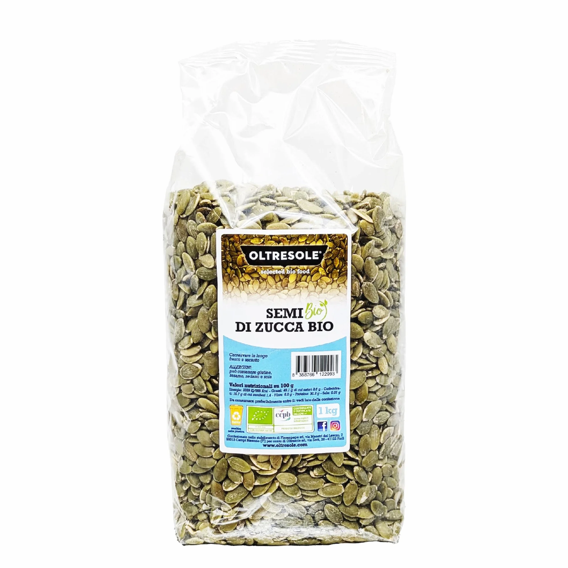 Oltresole | Bio-Kürbiskerne Geschält – 1 kg | Bio-Kürbiskerne ohne Schale, Ungesalzen und Ungeröstet, Reich an Proteinen, Ballaststoffen und Zink | Ideal als Snacks und für Salate | Familienpackung