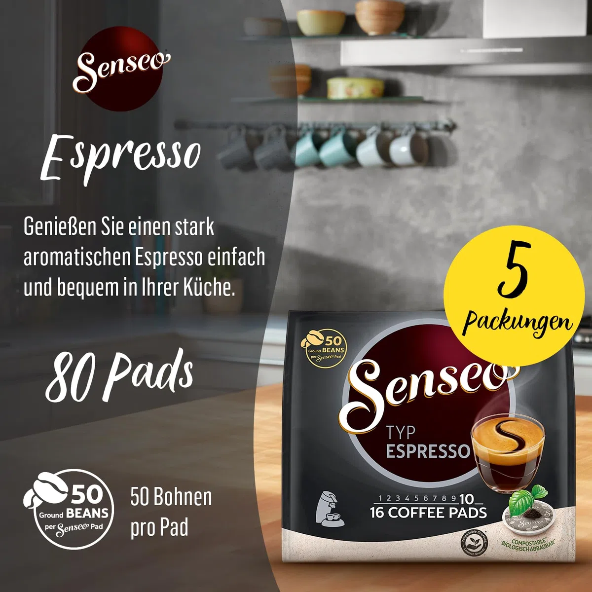 Senseo Pads Typ Espresso, 5 x 16 Getränke, 80 Kaffeepads