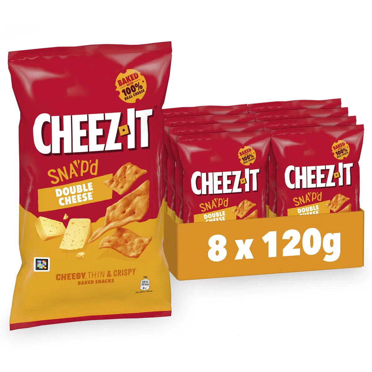 Cheez-It Snap'd Double Cheese Chips (8 x 120 g), Chips mit dünner, knuspriger Textur, gebackener Käse Snack mit 100% echtem Käse, ohne künstliche Farb- oder Aromastoffe