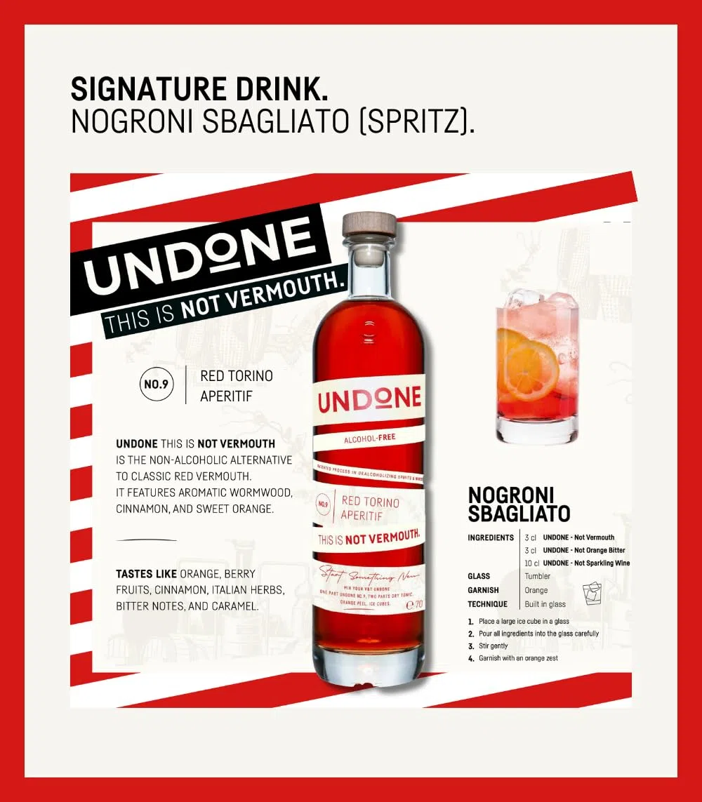 UNDONE No. 9 Red Torino Aperitif - Not Vermouth · 700ml · Alkoholfreier Vermouth Rosso mit authentischem Geschmack · Natürliche Inhaltsstoffe · <0,3% Alkohol