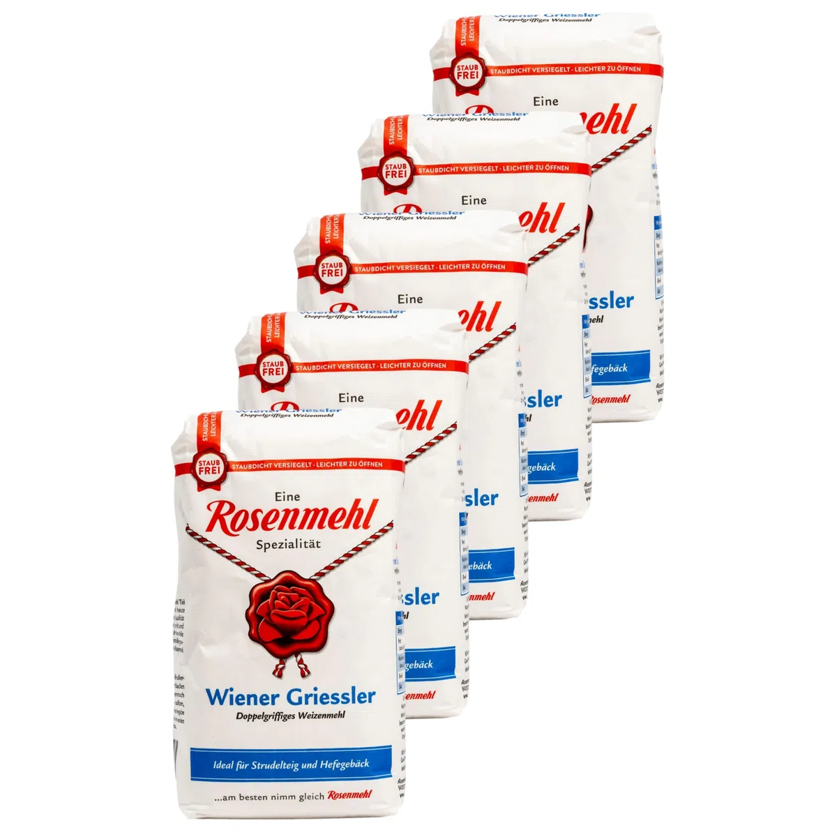 Rosenmehl - 5er Set Premium Wiener Griessler Doppelgriffiges Weizenmehl 1000 g - Ideal für Strudelteig und Hefegebäck - Feinkörnig dank besonderem Mahlverfahren - Mehl für elastische Teige