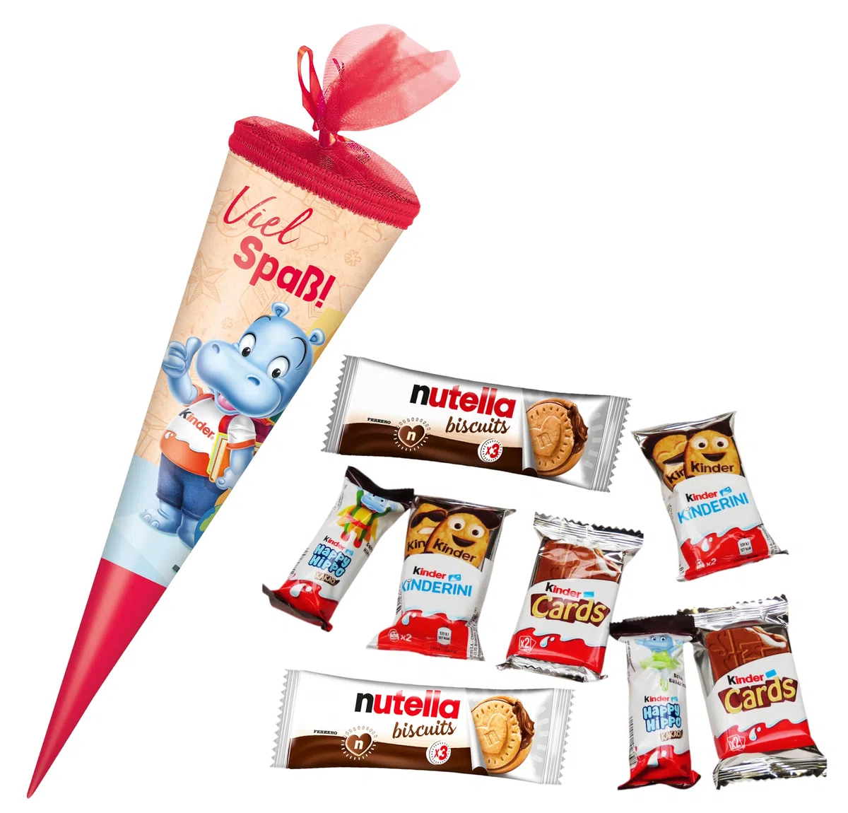 Ferrero Schultüte 35cm gefüllt mit Nutella Biscuits, Kinder Cards und Kinder Happy Hippo (8-teilig)