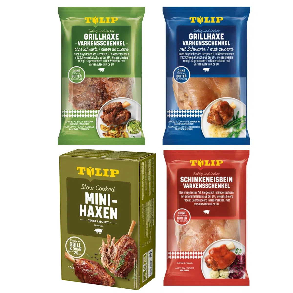 TULIP Grillhaxe mit Schwarte + ohne Schwarte + Schinkeneisbein + Mini-Haxe | Ungekühlt haltbar - Vakuumverpackt | Haxe mit Schwarte 600g + Haxe ohne Schwarte 500g + Schinkeneisbein 600g + Mini-Haxe 500g