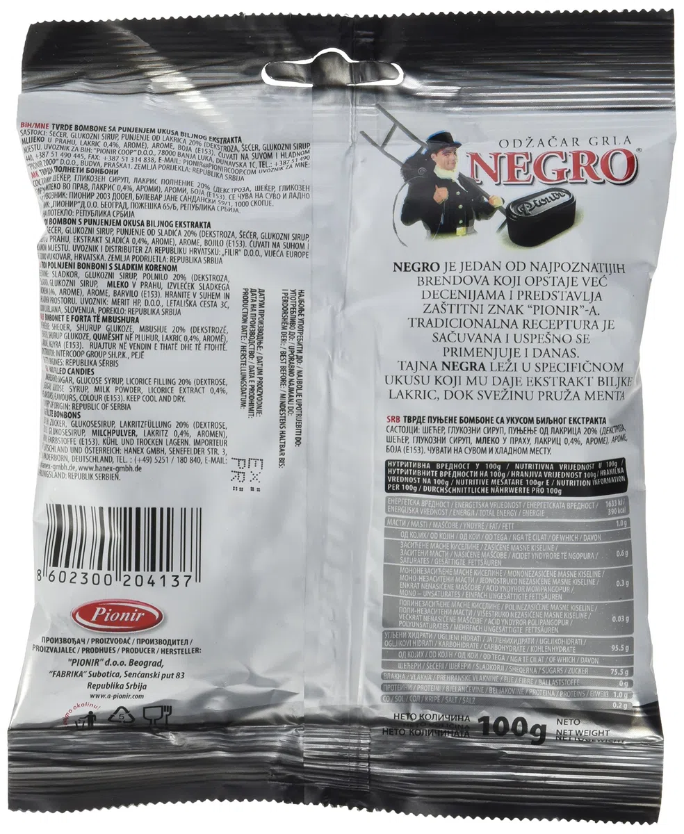 Pionir Gefüllte Hartbonbons Negro mit Lakritzgeschmack, 8er Pack (8 x 100 g)