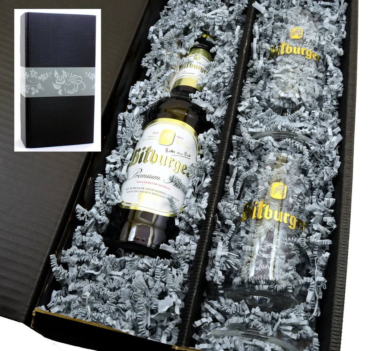 Bitburger Pils 0,33l mit 2 original Pokal Gläsern in Geschenkkarton