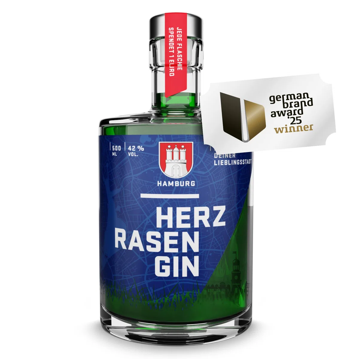 HERZRASEN GIN Hamburg Edition 0,5l | Premium Dry 42% Vol. | Grüner Schnaps mit Hamburger Rasen | zitronig spritzig mit ausgewählten Zutaten I Gin Geschenkset zum Geburtstag