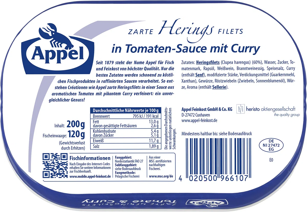 Appel Heringsfilets, Tomate und Curry, 10 x 200 g