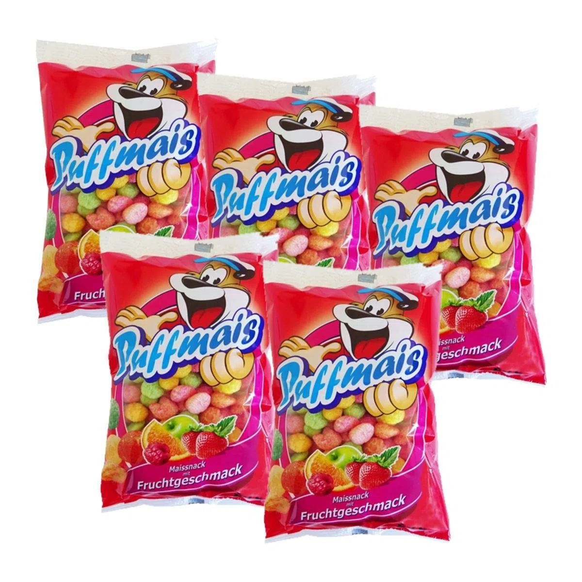 Puffmais Frucht - Maisflips/Maissnack/Flips mit Fruchtgeschmack (5 x 80g)