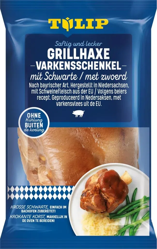 TULIP Grillhaxe mit Schwarte + ohne Schwarte + Schinkeneisbein + Mini-Haxe | Ungekühlt haltbar - Vakuumverpackt | Haxe mit Schwarte 600g + Haxe ohne Schwarte 500g + Schinkeneisbein 600g + Mini-Haxe 500g