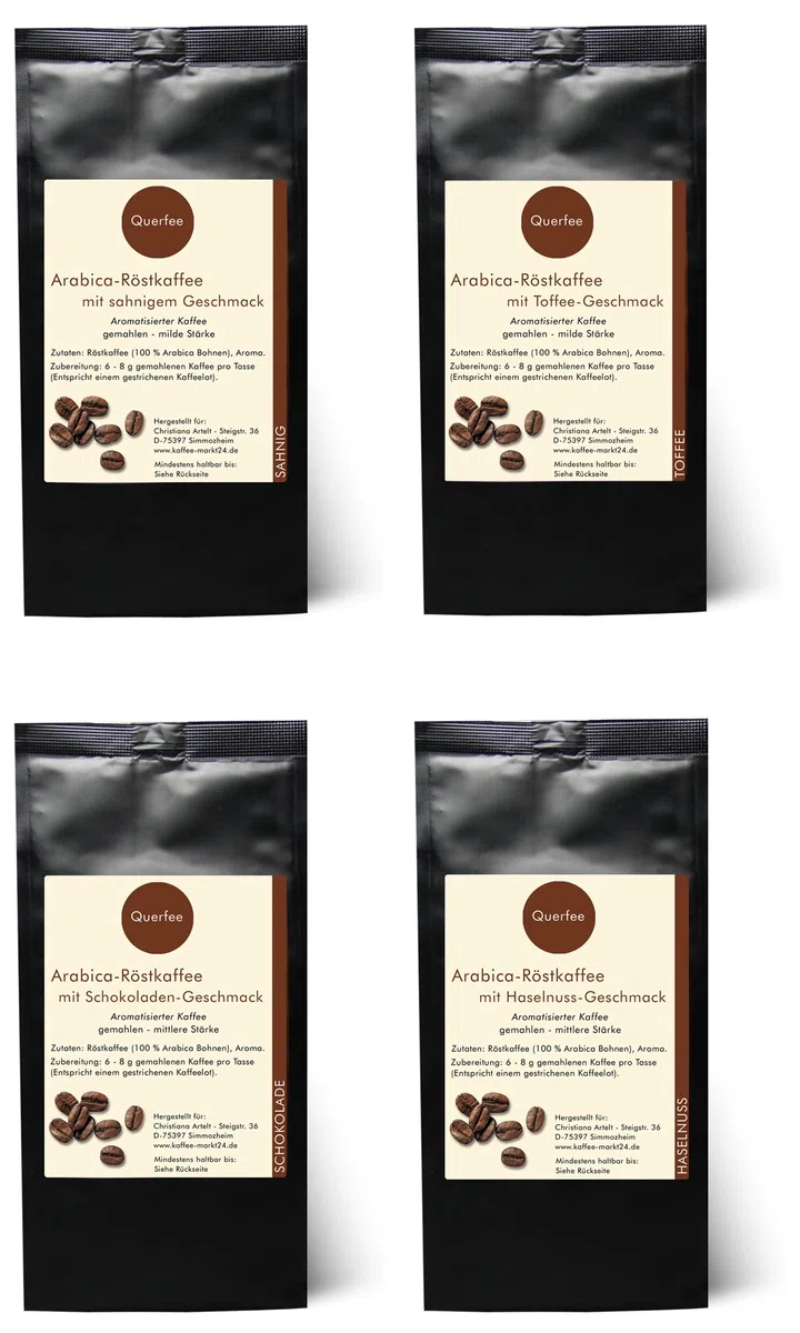 4 x Kaffee mit Geschmack Geschenkset Probierset - Sahne, Toffee, Schokolade, Haselnuss - Arabica Röstkaffee mit Aroma - gemahlen - 4 x 75 g (300 g insgesamt)