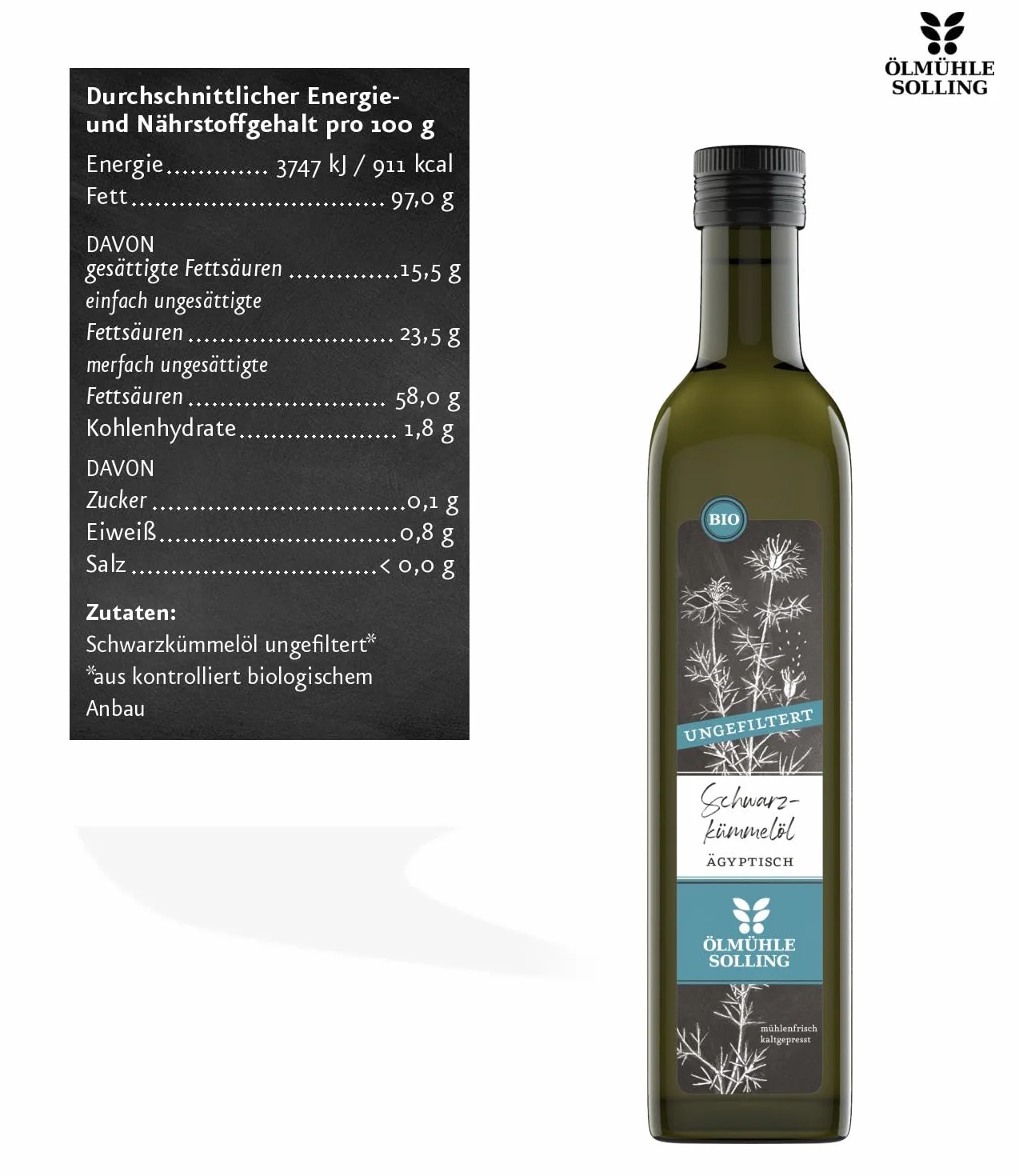 Ölmühle Solling Schwarzkümmelöl - UNGEFILTERT - kaltgepresst – 500ml - BIO