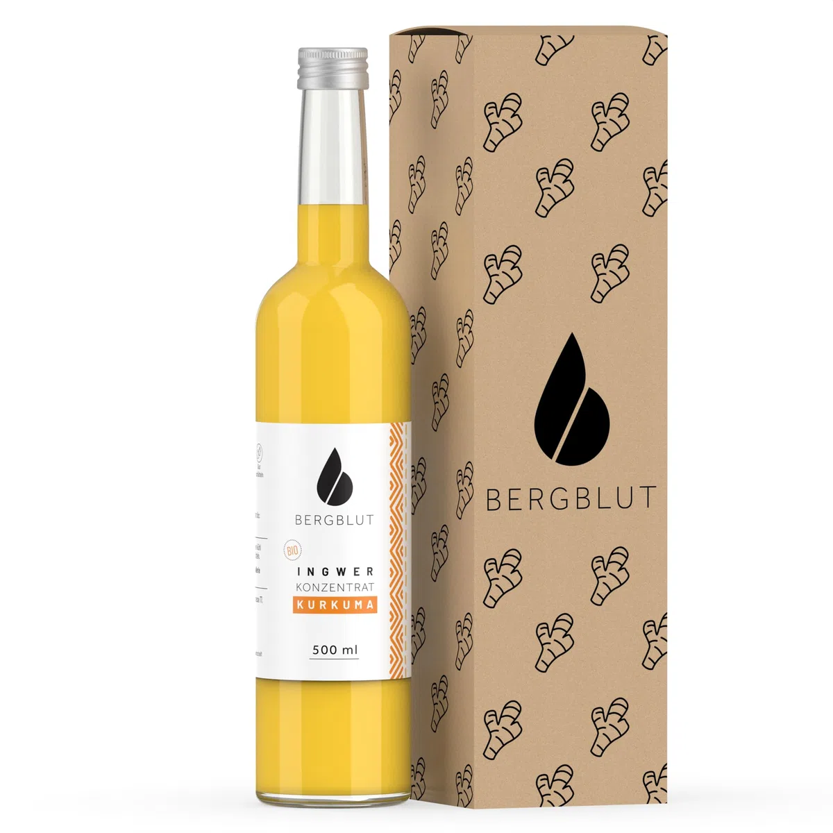 Bergblut Bio Ingwer Konzentrat mit Kurkuma – 500 ml Ingwerkonzentrat mit Kurkuma, Zitronen & Limetten | hochwertiges Konzentrat für Golden Milk, Limonade & als Shot | Vegan mit Agavendicksaft