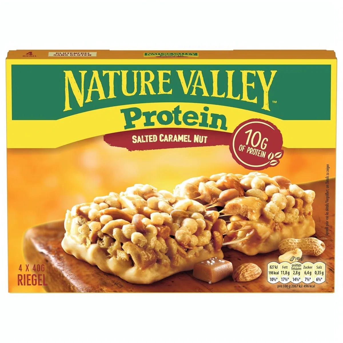 Nature Valley Protein-Riegel Salted Caramel Nut, Eiweißriegel mit Erdnüssen & Mandeln, gesalzenem Karamell, Snack für unterwegs, gesundes Pausenbrot, glutenfrei, 8er Pack, 32 Riegel (MHD 24.05.2026)