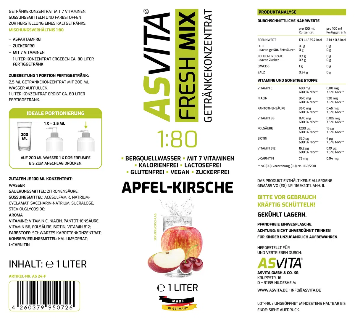 AsVita Getränkekonzentrat Fresh Mix 1:80-1 Liter Flasche - Getränkesirup zuckerfrei - 26 leckere Geschmacksrichtungen (Apfel-Kirsch) Sirup kalorienarm
