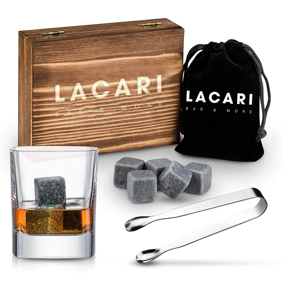 Whisky Steine | 9X Wiederverwendbare Eiswürfel | Lacari ORIGINAL Whiskey Steine | Whisky Geschenkset mit Holzbox, Zange & Stoffbeutel | Kein Verwässern für Whiskey, Rum, Gin | Geschenk Geburtstag