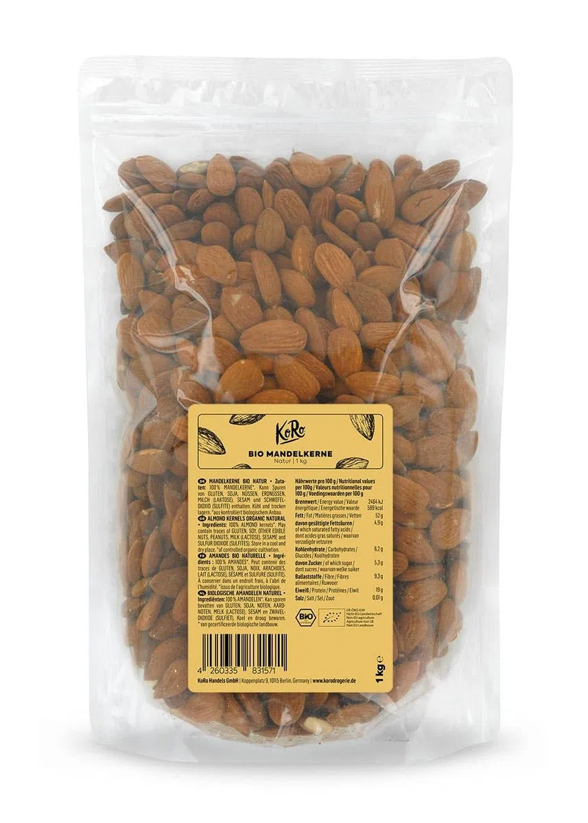 KoRo - Bio Mandelkerne 1 kg - Proteinquelle - Hoher Ballaststoffgehalt - Mild-süß & knackig