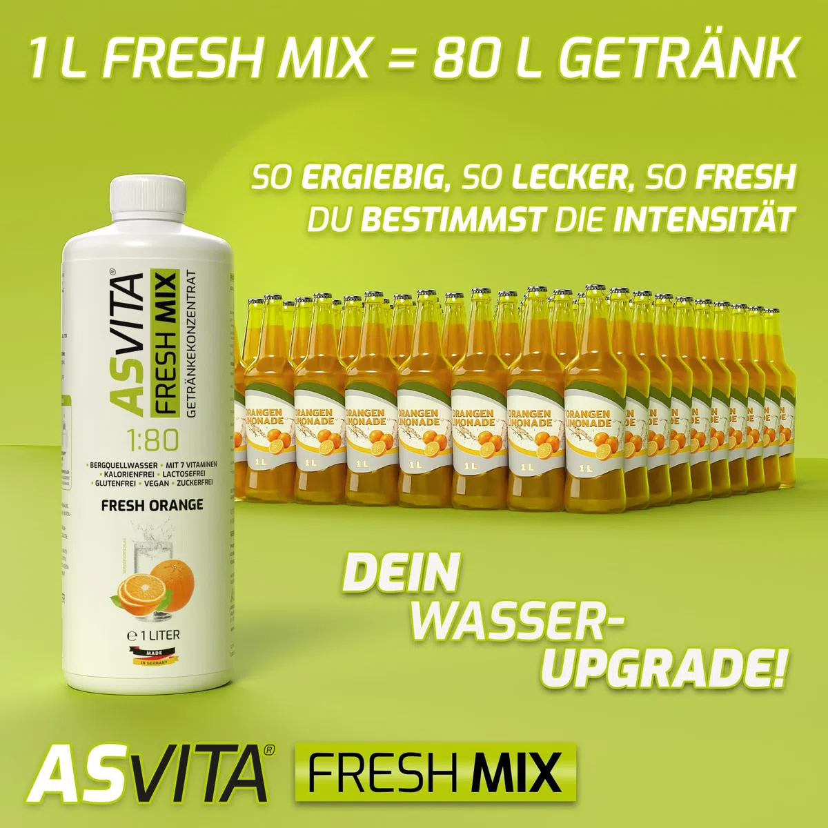 AsVita Getränkekonzentrat Fresh Mix 1:80-1 Liter Flasche - Getränkesirup zuckerfrei - 26 leckere Geschmacksrichtungen (Apfel-Kirsch) Sirup kalorienarm