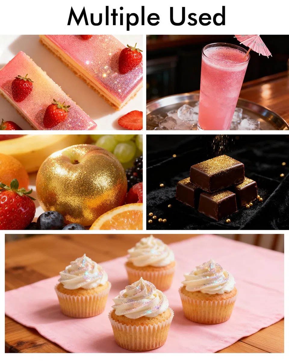 Essbare Glitzer Set, Essbare Glitzer für Getränke & Torten, Lebensmittelechter Glitzerstaub in 4 Farben, Vegan & Zuckerfrei (3g pro Flasche) – Für Cocktails, Desserts, Erdbeeren & Fondant