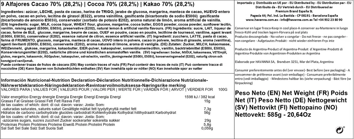 Havanna | 70%-Kakao-Alfajores | Überzogene Kekse mit Dulce de Leche-Füllung | 9 Stück | 585 g