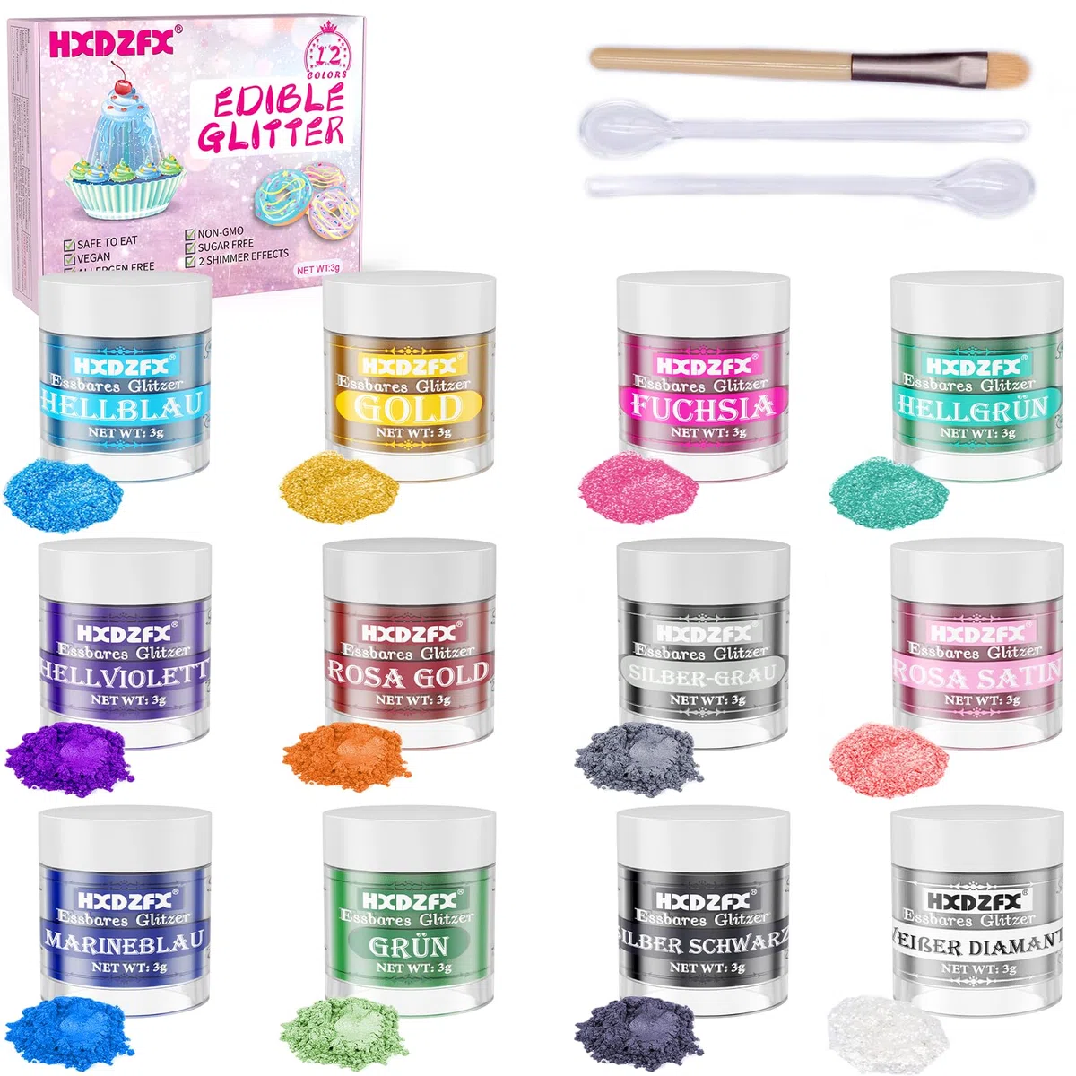 Essbares Glitzer Set - 12 Farben Glitzerpulver für Getränke, Geschmacksneutrales Lebensmittelfarbe Pulver, Glitzerpuder für Schokolade, Kuchen, Fondant, Drinks, Flüssigkeiten- 3g