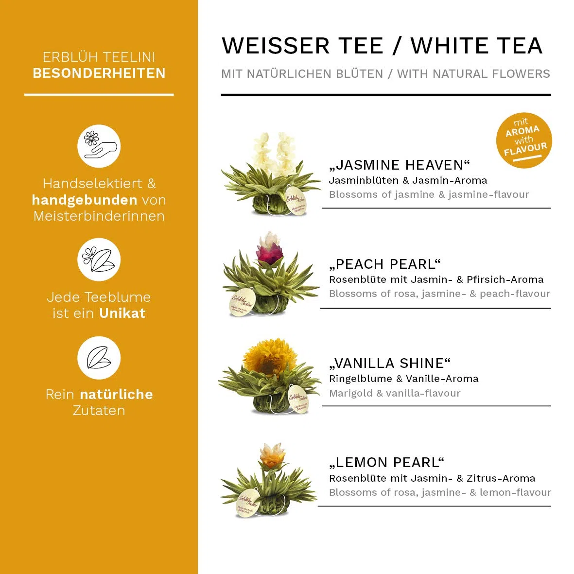 Creano Teelini Teeblumen im Tassenformat, Geschenkset in Teekiste aus Holz, 12 ErblühTeelini in 4 Sorten, Weißer Tee, Geschenk für Frauen, Mutter, Teeliebhaber